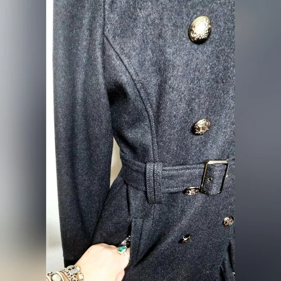 GUESS‎ Los Angeles Charcoal Gray Belted Wool Blend Coat Paisley Lined Size M-L